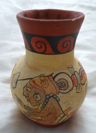 Vintage Mayan Aztec Tribal Warrior Pattern Ceramic Hand Painted Art Pottery Vase 2