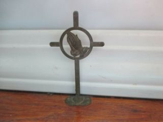 Vintage Religious Dashboard Brass Cross Praying Hands 2 3/4 " Tall
