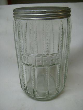 Vintage 7 " Hoosier Glass Coffee Jar,  Ribbed Zipper Pattern & Aluminum Lid,  Fancy