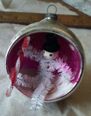 Vintage Christmas Tree Ornament Pink Diorama Figurine Indents Made In Japan 2 "
