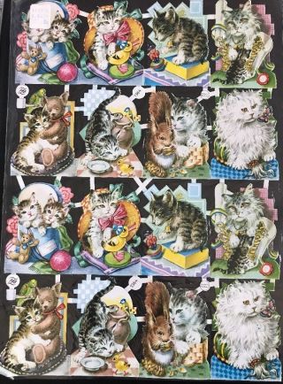 Vintage Die Cut Thin Paper Cats Kittens Germany Pzb Sticker Sheet 1364