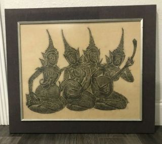 Early Vintage Thai Charcoal Temple Rubbing - 4 Musicians Framed Art 22 " X 18 "