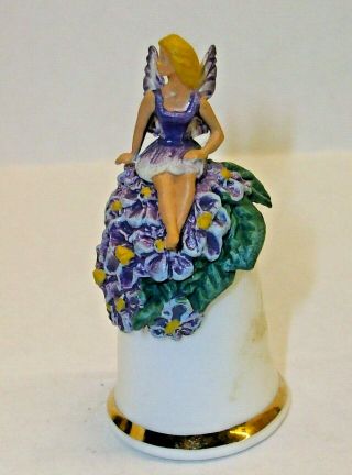 Thimble Collectors Club Bone China Fairy Thimble Sitting On Blue Flowers