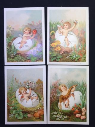 Vintage Easter Turn Of Century 4 Cards Cupids And Eggs 5 X 3.  5 ",  Great Color