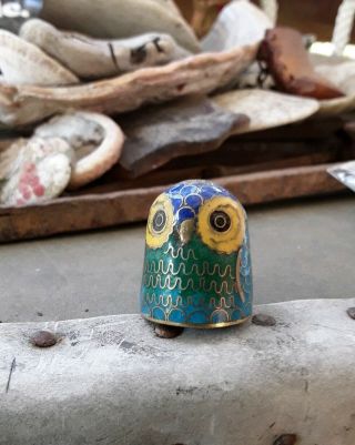 Cloisonné Enamel Owl Thimble Brass Bright Cheery Colorful Vintage