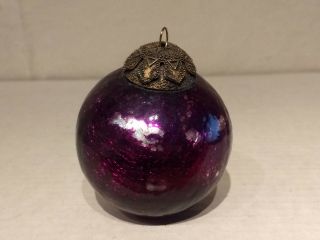 Vintage Kugel Round Globe Purple Crackle Art Glass Christmas Ornament Metal Top