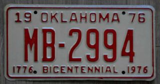 1976 Oklahoma Usa America Bicentennial 1776 - 1976 License Plate Mb 2994
