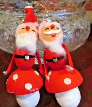 2 Vintage Santa Sitting On Mushroom Christmas Ornament 5” Styrofoam Flocked