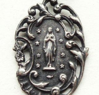 Art Nouveau Volutes Antique Silver Medal Pendant To Our Lady Of Lourdes