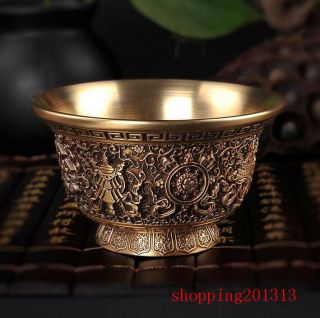 Tibet Buddhism Offering Water Bowl Cup Copper Eight Auspicious Symbols 8.  8cm