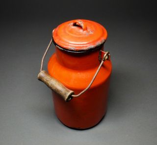 Antique Red Enamel Metal Water Milk Jug Pitcher W/ Lid