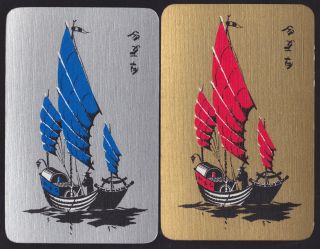 2 Single Vintage Swap/playing Cards Man In Junk Boat Oriental Text Gold/silver