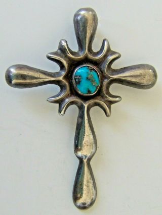 Vintage Navajo Silver Cross Pendant With Turquoise - Cast Silver