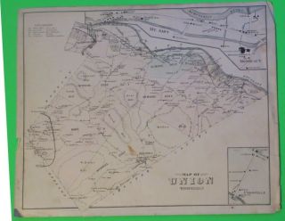 1876 Hand - Colored Map Of Union Township,  Berks County,  Pa,  Rr,  River,  Canal