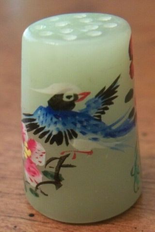Thimble - Green Stone Hand Painted Bird And Flowers