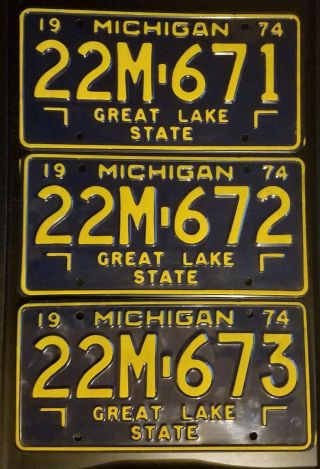 3 Vintage Consecutive Michigan License Plates 1974 Blue & Yellow