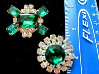 2 Stunning Czech Vintage Style Glass Rhinestone Buttons Emerald Green & Crystal