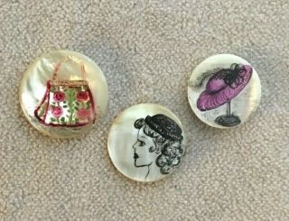 Pearl Picture Buttons Hand Painted Lady W 1940s Hat,  Purse,  Hat Stand - Fashion