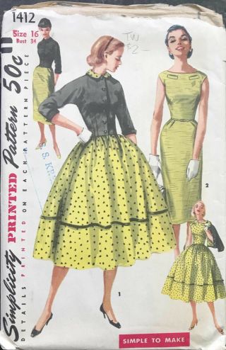 Vtg 50s Simplicity Pattern 1412 Full Skirt Sheath Dress & Cropped Jacket Set 16