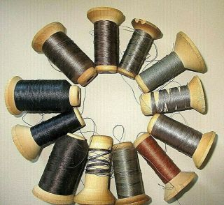 12 Wooden Spools W/ Vintage Thread = Machine Silk 1