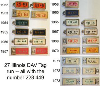 Illinois Same Run (1952 - 73) Dav Keychain License Tags – 27 Total Tags