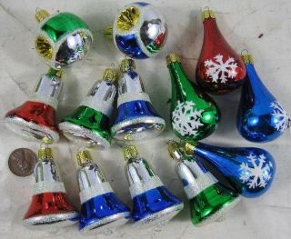 13 Vintage Small Christmas Ornaments Bells Indents Tear Drop