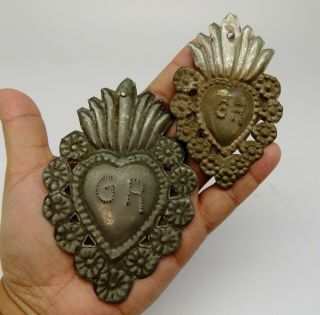 Antique Sacred Heart Jesus Ex Voto 2 Miracle Metal Silvered F - 20