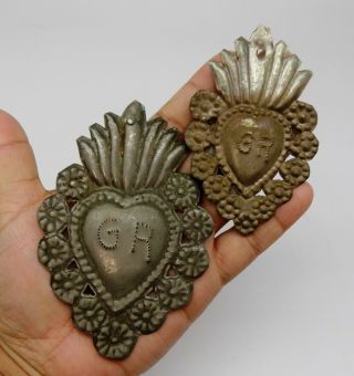ANTIQUE Sacred Heart Jesus Ex Voto 2 MIRACLE METAL SILVERED F - 20 2