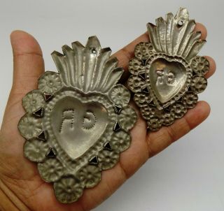 ANTIQUE Sacred Heart Jesus Ex Voto 2 MIRACLE METAL SILVERED F - 20 3