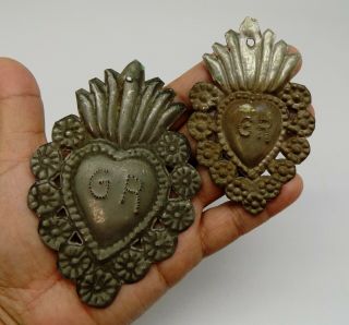 ANTIQUE Sacred Heart Jesus Ex Voto 2 MIRACLE METAL SILVERED F - 20 4