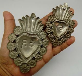 ANTIQUE Sacred Heart Jesus Ex Voto 2 MIRACLE METAL SILVERED F - 20 5