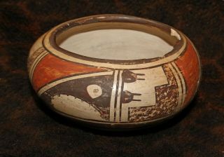 Antique Attractive Hopi Polychrome Pottery Bowl 3 " H X 5 1/2 " D (with Rim Damage)