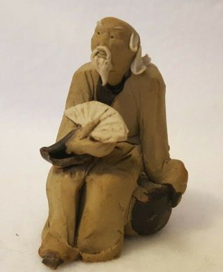 Bonsai Figure Asian Chinese Clay Mud Man Seated W Fan Japan 2 "