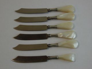 Vintage Antique Set Of 6 Kitchen Knives Sterling Band Mother Of Pearl Handles