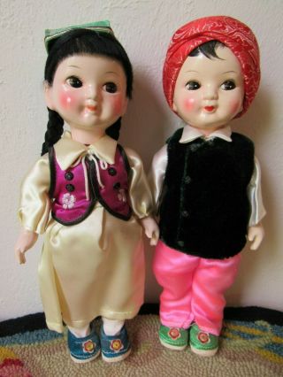 Pair Vintage Asian Dolls Chinese Souvenir Boy And Girl Traditional Costumes