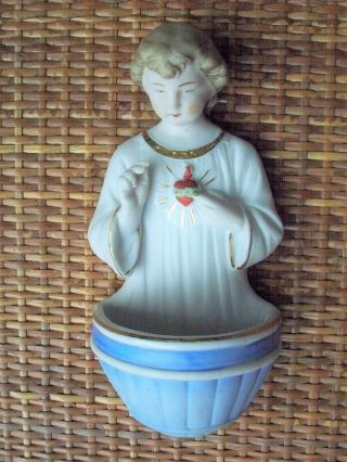 Vintage Antique Bisque Porcelain Sacred Heart Holy Water Font Germany - Vgc