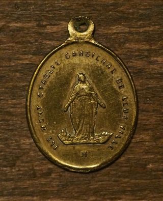 Antique Religious Bronze Medal Pendant Our Lady Of Fourviere