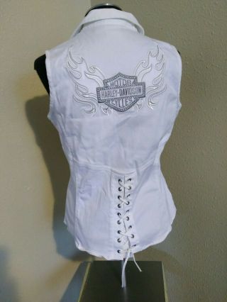 Harley Davidson Womens Medium Vest Shirt Zip Up White Embroidered Lace Up Bling