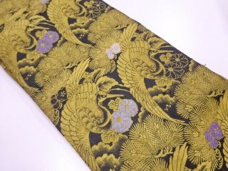 80731 Japanese Kimono / Vintage Maru Obi / Woven Pine & Ume With Crane