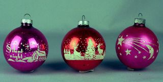 3 Vintage Stenciled Christmas Scenes Ornaments Mercury Glass 2 1/2 Inches