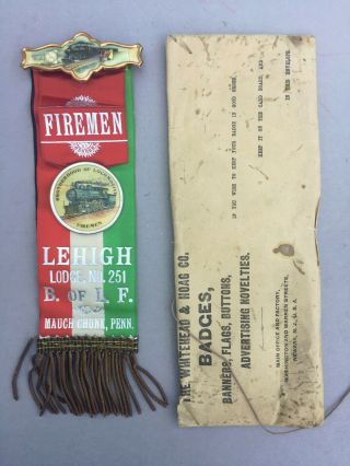 Antique Brotherhood Of Locomotive Firemen Double Sided Ribbon Lodge 251 Mauch Ch