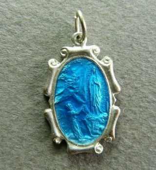 French Antique Religious Blue Enameled Pendant Virgin Mary Lourdes Medal