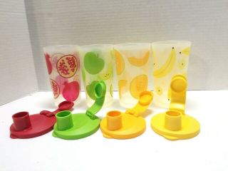 Tupperware Set Of 4 12oz Tumbler Cups With Flip Top Lids Banana Apple