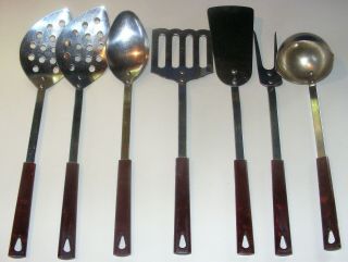 Vintage Kaylan Stainless Steel Bakelite Handle 7 Utensils Spoons Spatula Ladle