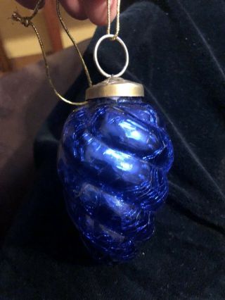 Kugel Mercury Glass 3.  5” Blue Ribbed Swirl Pine Cone Teardrop Shaped Ornament
