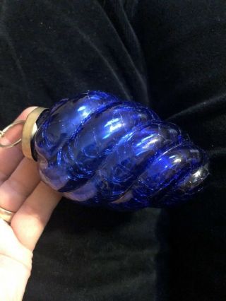Kugel Mercury Glass 3.  5” Blue Ribbed Swirl Pine Cone Teardrop Shaped Ornament 3