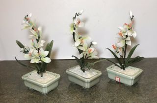 Set Of 3 Bonsai Jade Quartz Glass Flowering Tree Asian Vintage Blossom Japan 9”