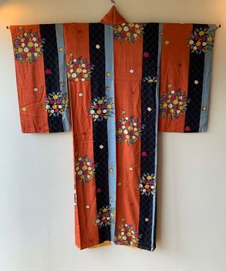 Vintage Japanese Kimono Komon Silk Orange Blue Stripe Cherry Blossom