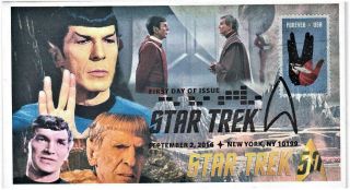 Star Trek 50th Anniversary Usa Fdc " Vulcan Salute " Featuring Spock Sarek 1/4