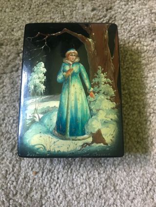 Russian Lacquer Jewelry Trinket Box Snow Maiden Signed